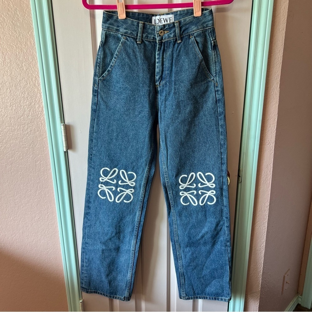Loewe Dark Blue Straight Leg Jeans with White Knee Anagram